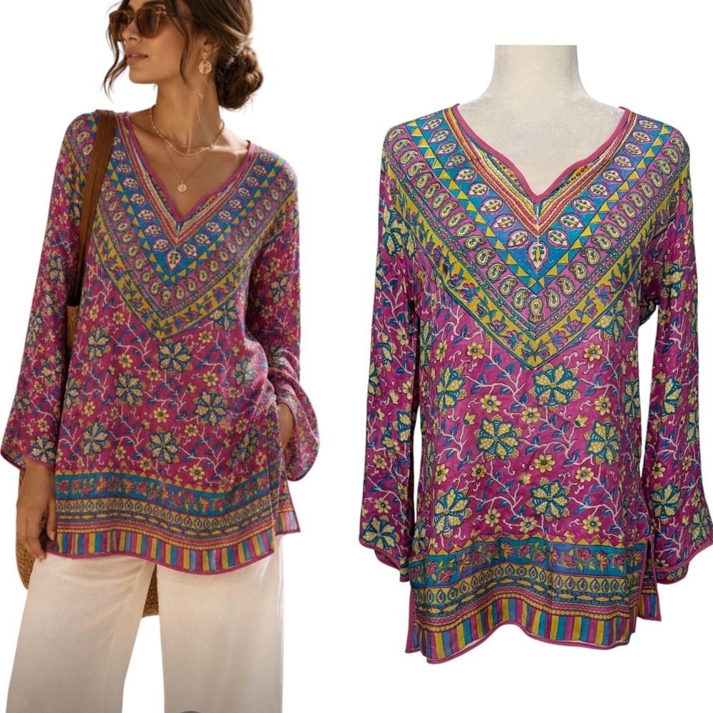 Tolani Tunic Top Women S 100% Silk Floral Paisley V-Neck Boho Feminine Resortwea